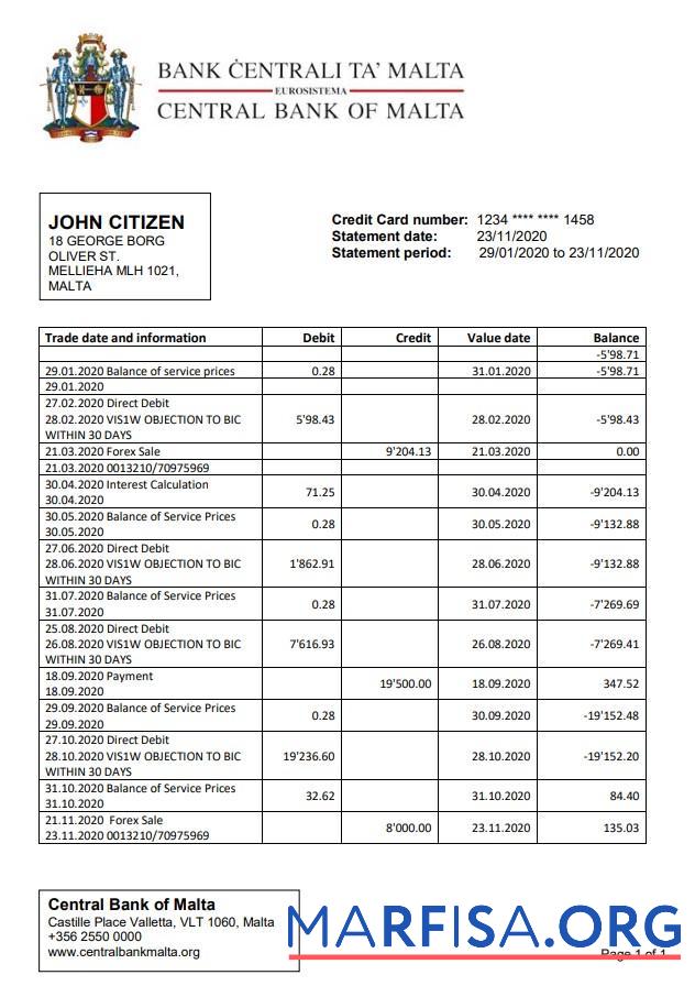 Downloadable Malta Central Bank of Malta bank statement word template